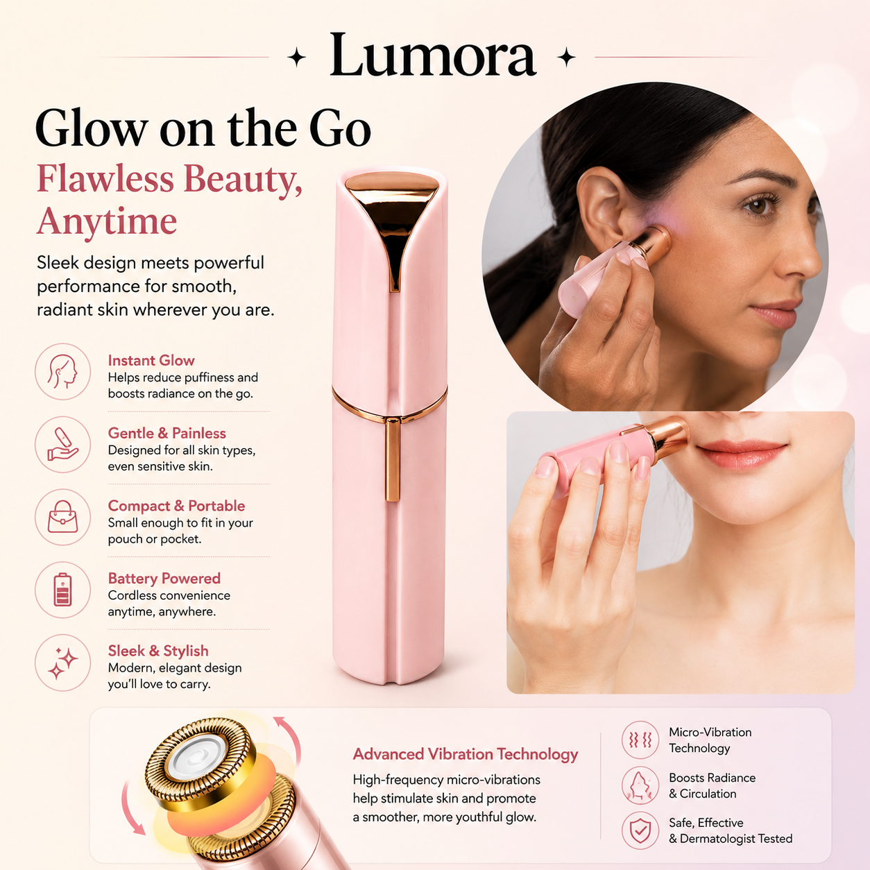 Lizette Facial Hair Remover Smooth Skin, Gentle Shave, Portable