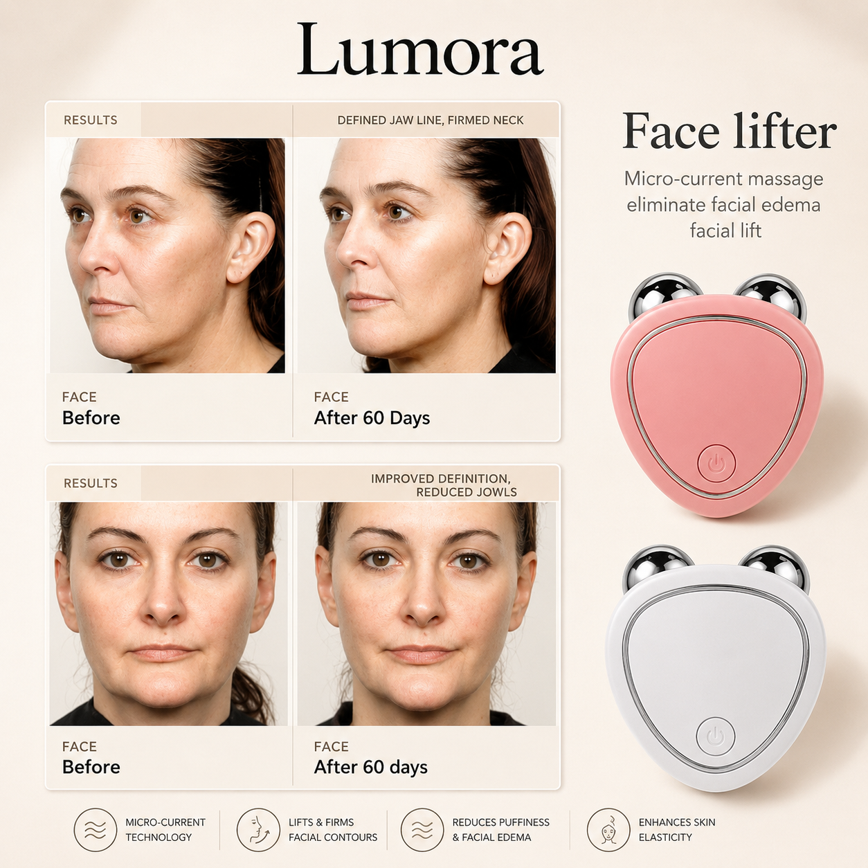 Feliza Microcurrent Face Roller Lifted Look, Sculpted Glow, Compact